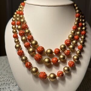 Vintage Multi Strand Orange and Gold Tone 1970s Necklace